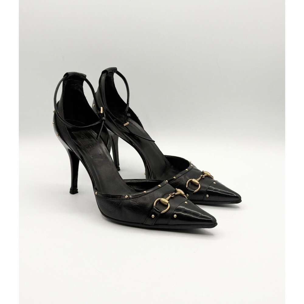 Gucci Black Leather Horsebit Studded Pointed Toe Ankle Strap Heels Size EU 38 - Picture 3 of 14